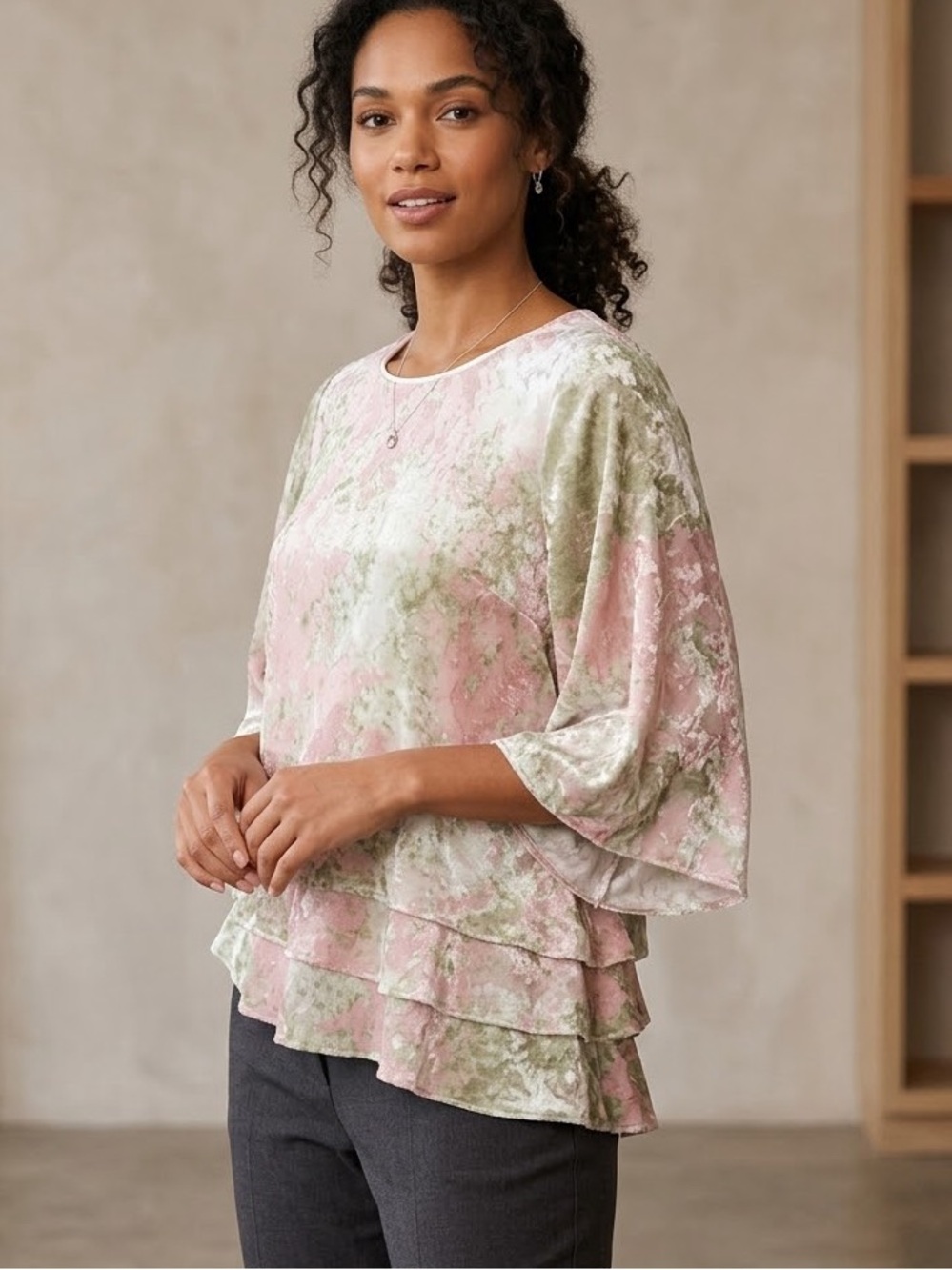 Alex Evenings Pink & Green Watercolor Asymmetrical Tiered Blouse Shirt
